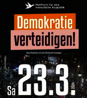 Ausschnitt aus Demo-Plakat: Hintergrundfoto Zehntausende bei Kundgebung am 26. Jänner vor dem Parlament, darüber Text: Demokratie verteidigen! 23. 3. und weitere Demodaten, die im Text dieses Beitrags stehen.